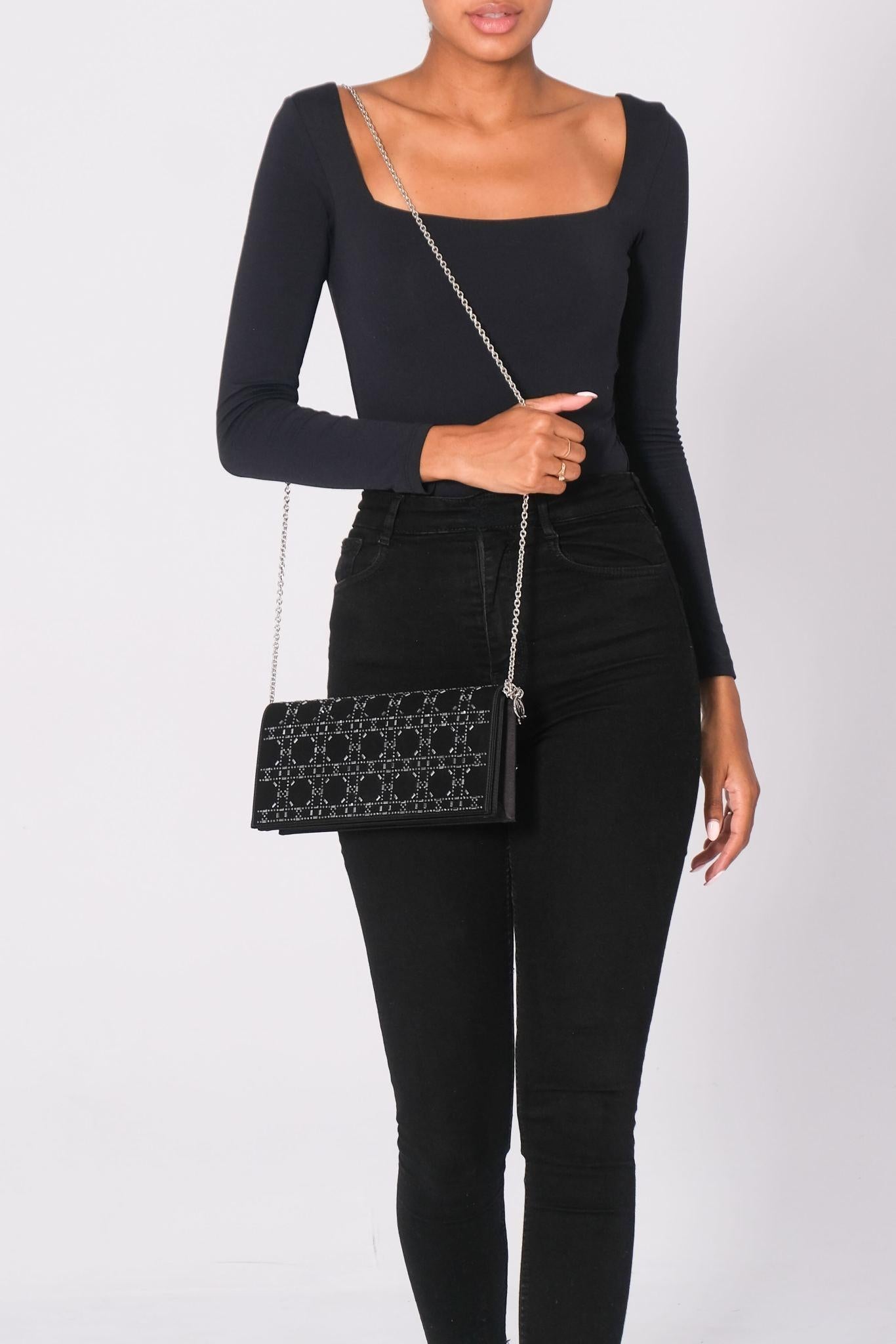 Dior Crystal Cannage Black Satin Shoulder & Clutch Bag In Excellent Condition For Sale In Montreal, Quebec