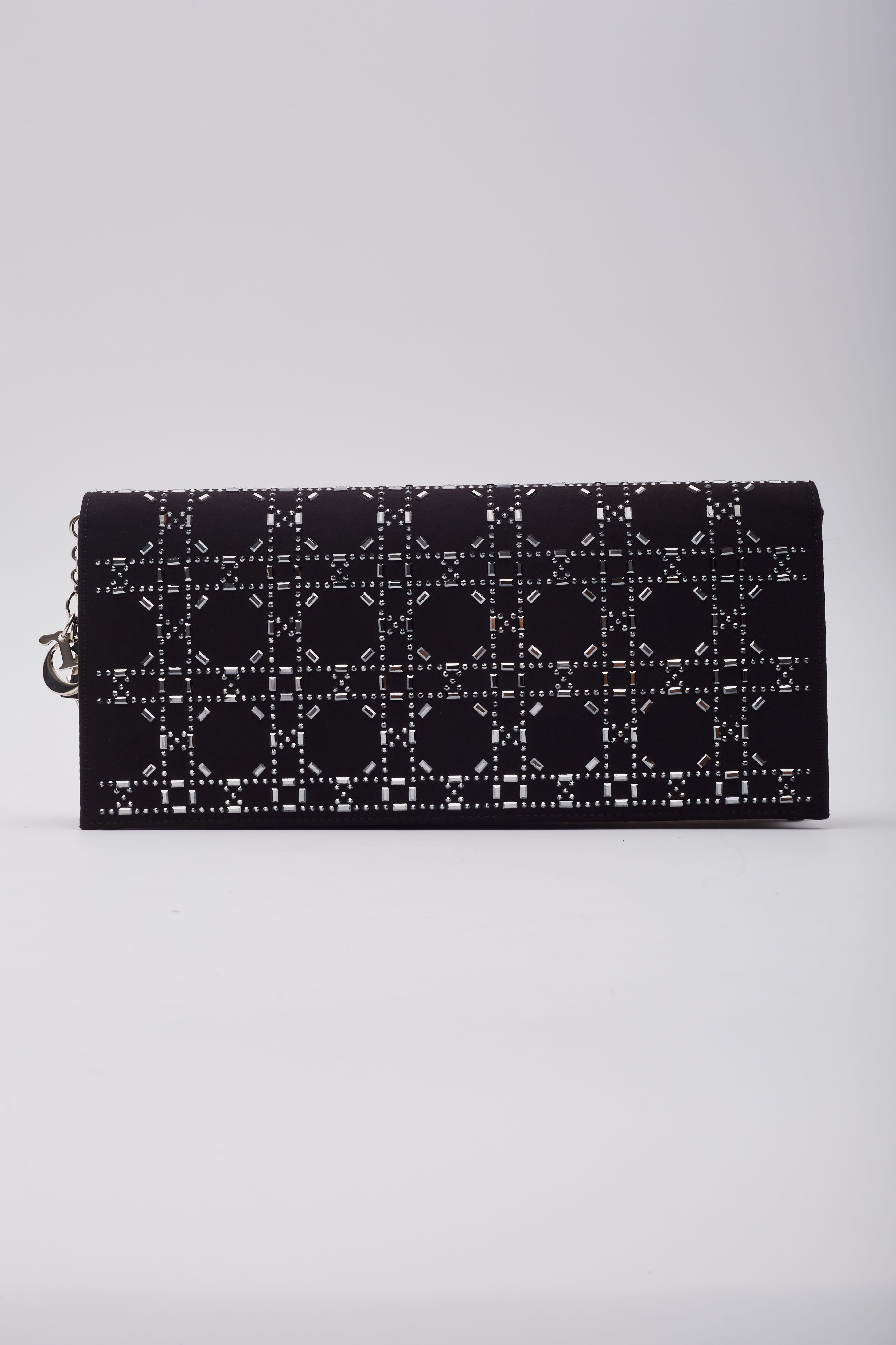 Dior Crystal Cannage Black Satin Shoulder & Clutch Bag For Sale 3