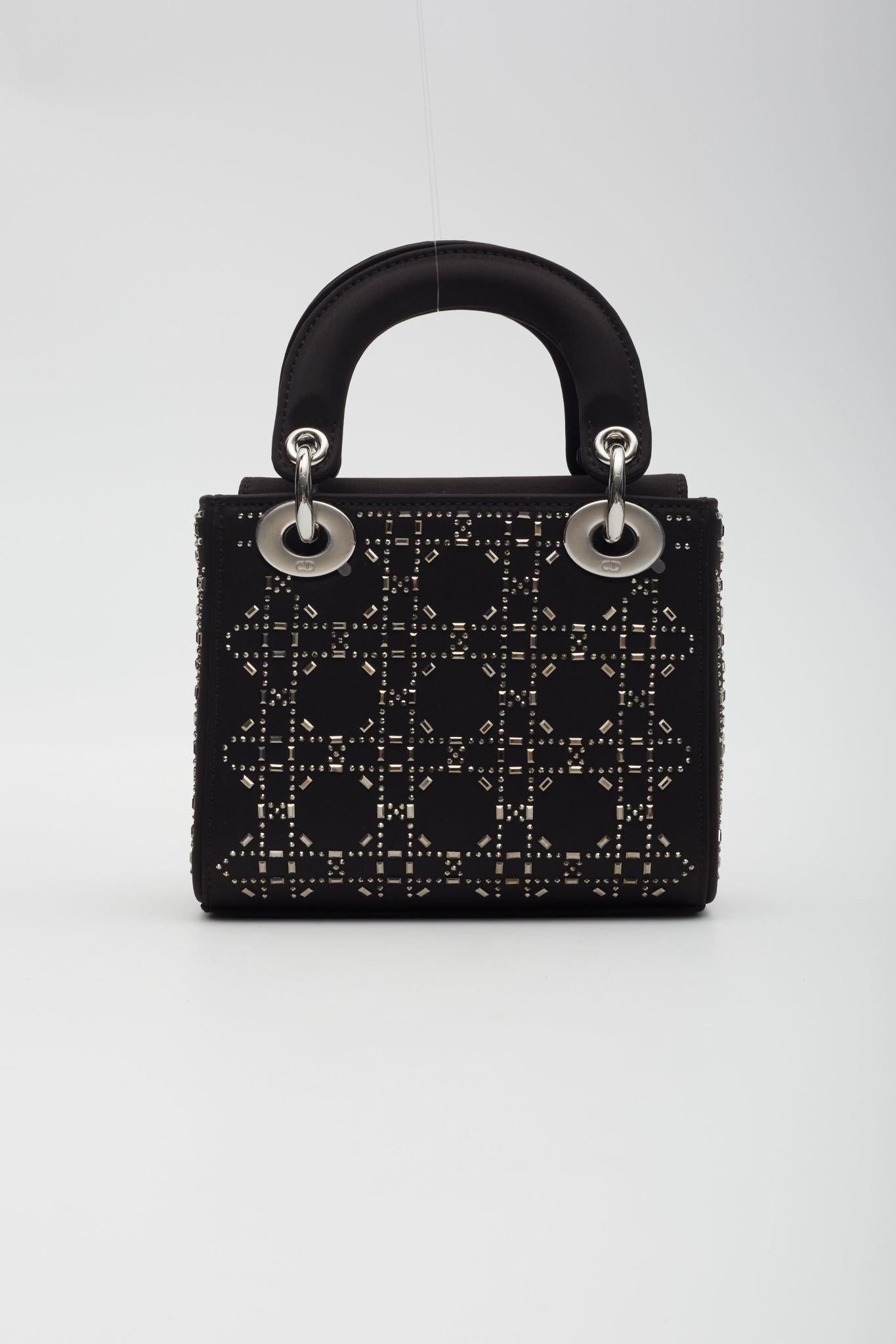Noir Mini Lady Dior Crystal Cannage Crystals Satin Black