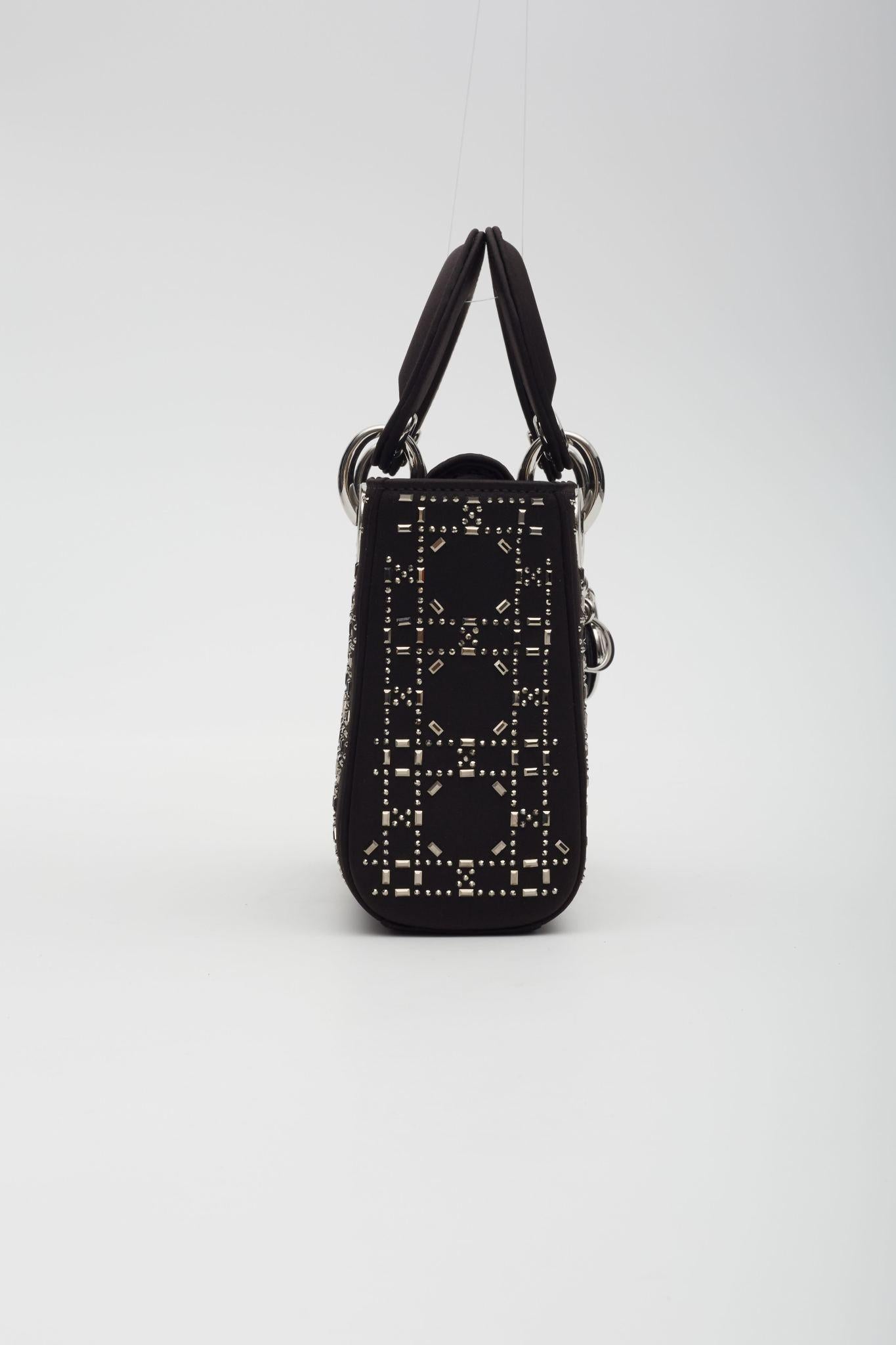 Mini Lady Dior Crystal Cannage Crystals Satin Black Excellent état à Montreal, Quebec