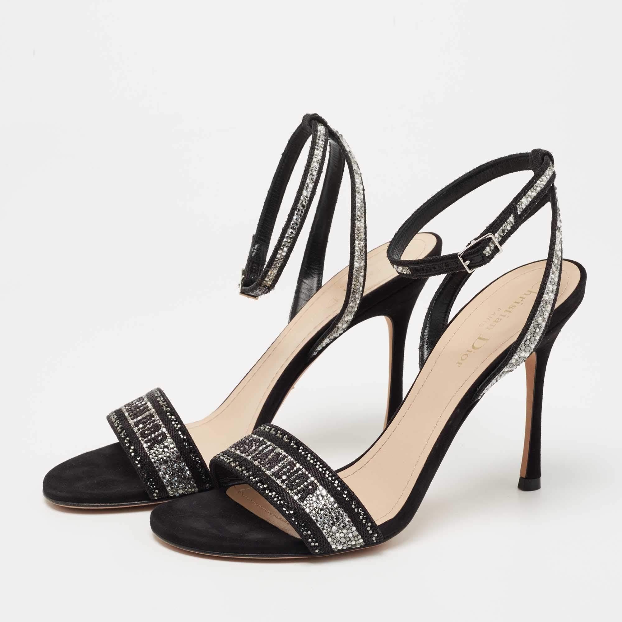 Dior Crystal Embellished Embroidered Canvas Dway Ankle Strap Sandals In Excellent Condition In Dubai, Al Qouz 2
