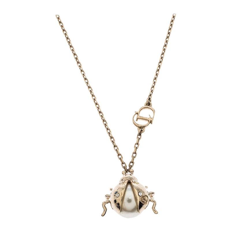Dior Crystal Faux Pearl Lady Bug Gold Tone Pendant Necklace