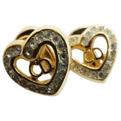 Dior Crystal Heart CD Rhinestone Gold Tone Clip On Earrings