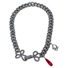 Dior Crystal Studded Gunmetal Tone Chain Link Choker Necklace
