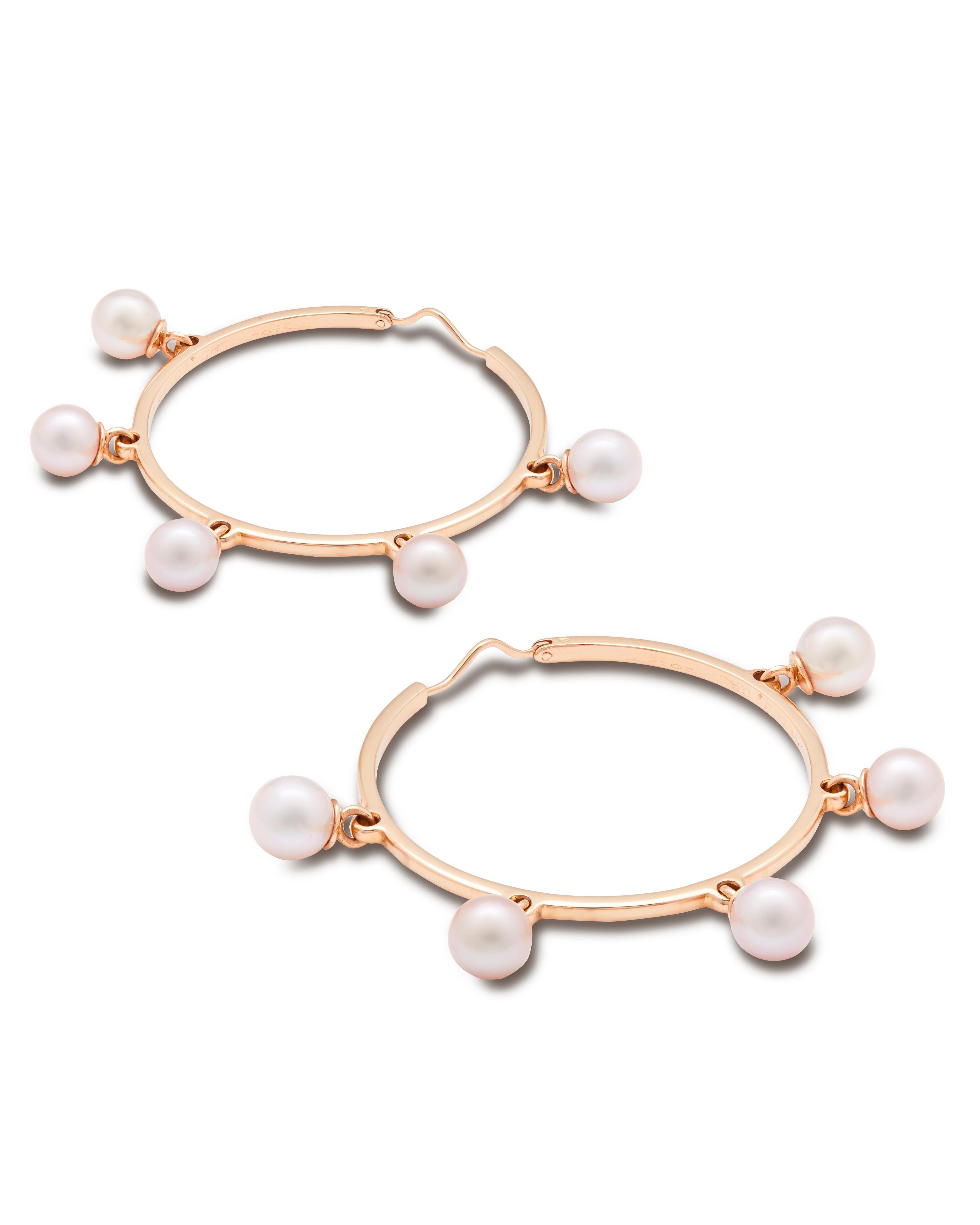 Bead Dior Cultured Pearl 18ct Rose Gold Hoop Earrings For Sale