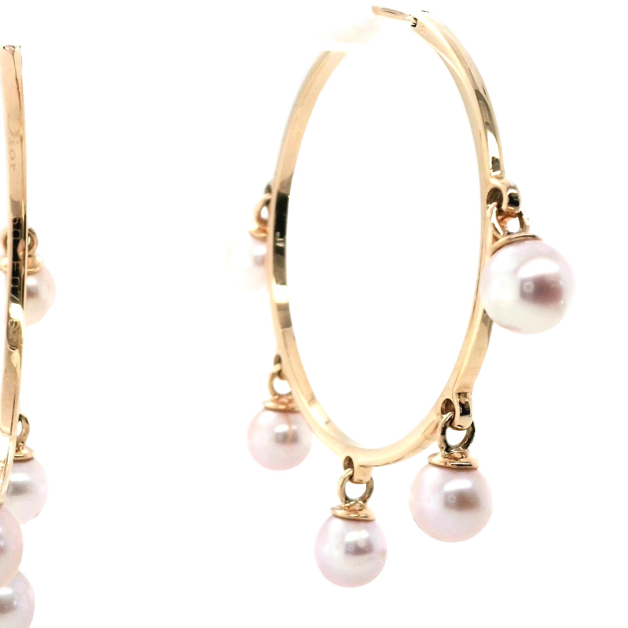 Women's or Men's Dior Cultured Pearl 18ct Rose Gold Hoop Earrings For Sale
