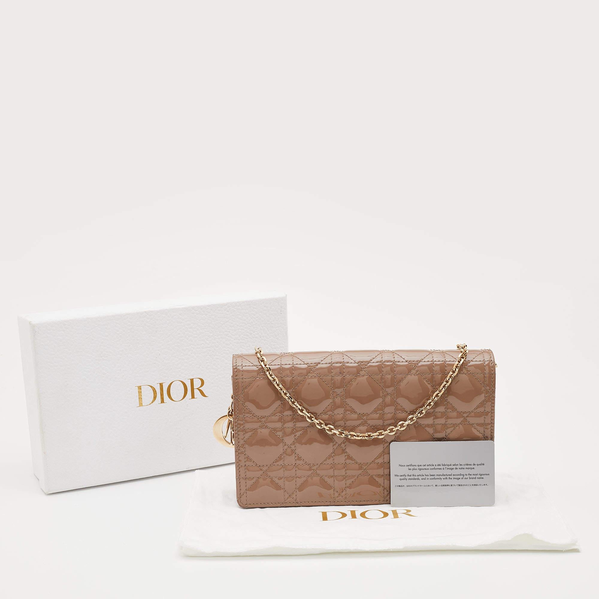 Dior Dark Beige Cannage Patent Leather Lady Dior Chain Clutch 3