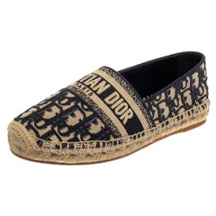 Dior Dark Blue/Beige Oblique Embroidered Cotton Fabric Granville Flat Size 38