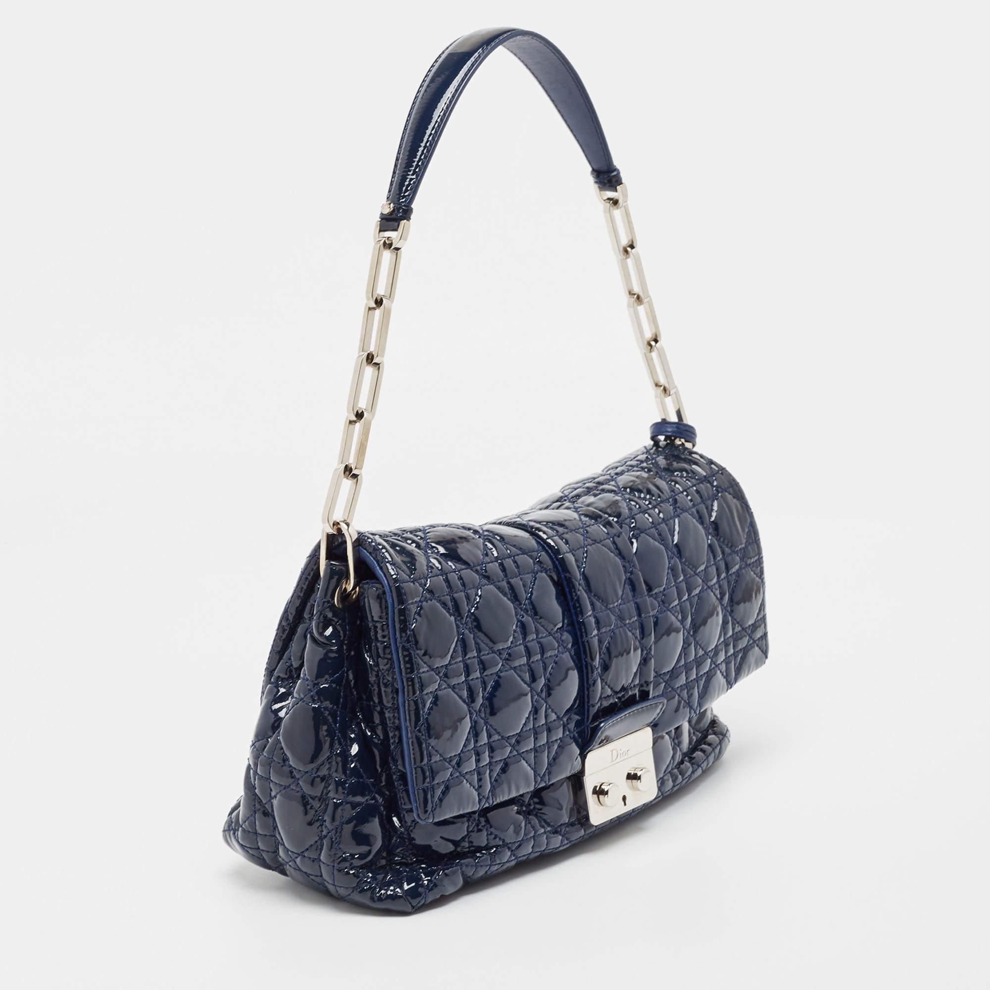 Women's Dior Dark Blue Cannage Quilted Patent Leather New Lock Flap Bag For Sale