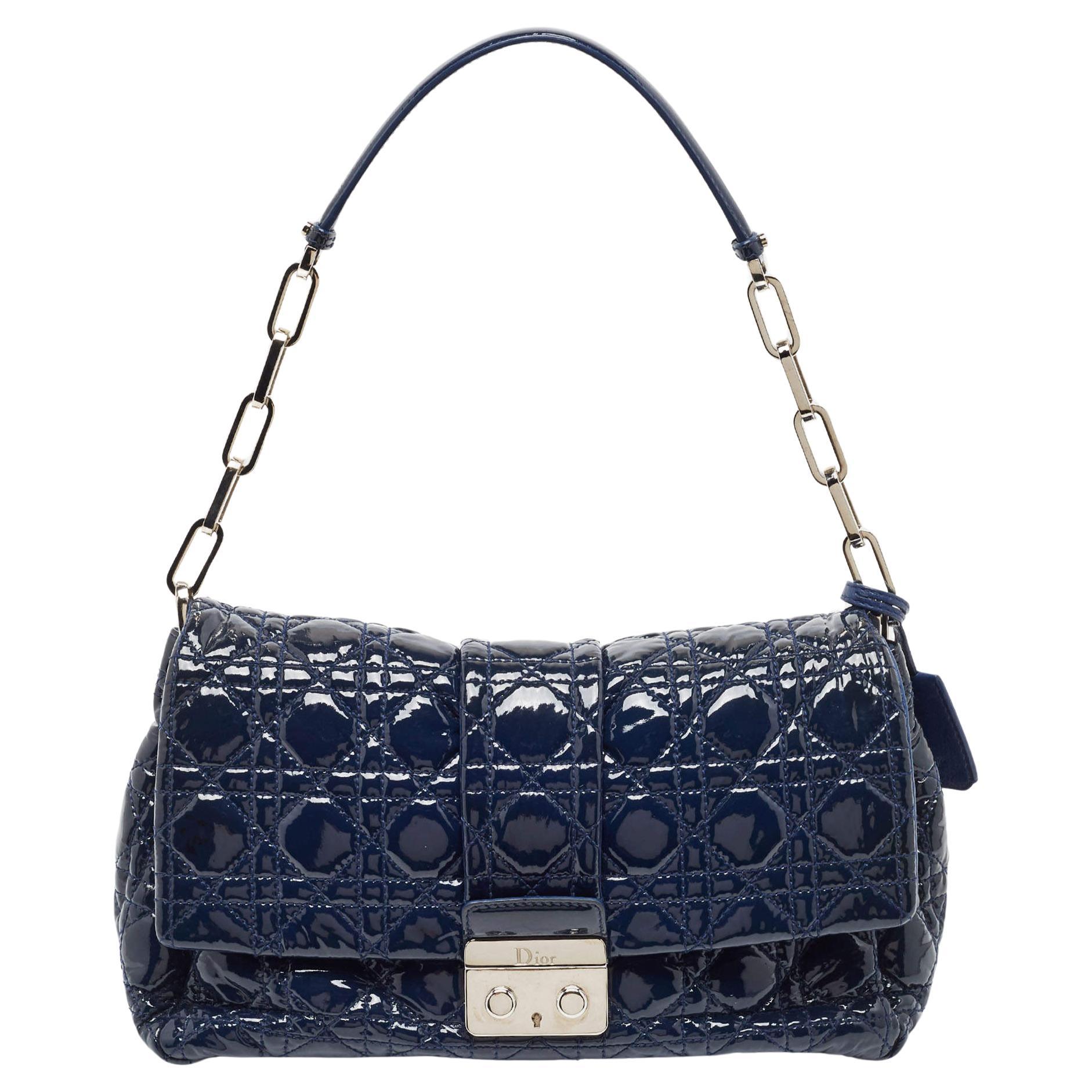 Dior Dark Blue Cannage Quilted Patent Leather New Lock Flap Bag For Sale