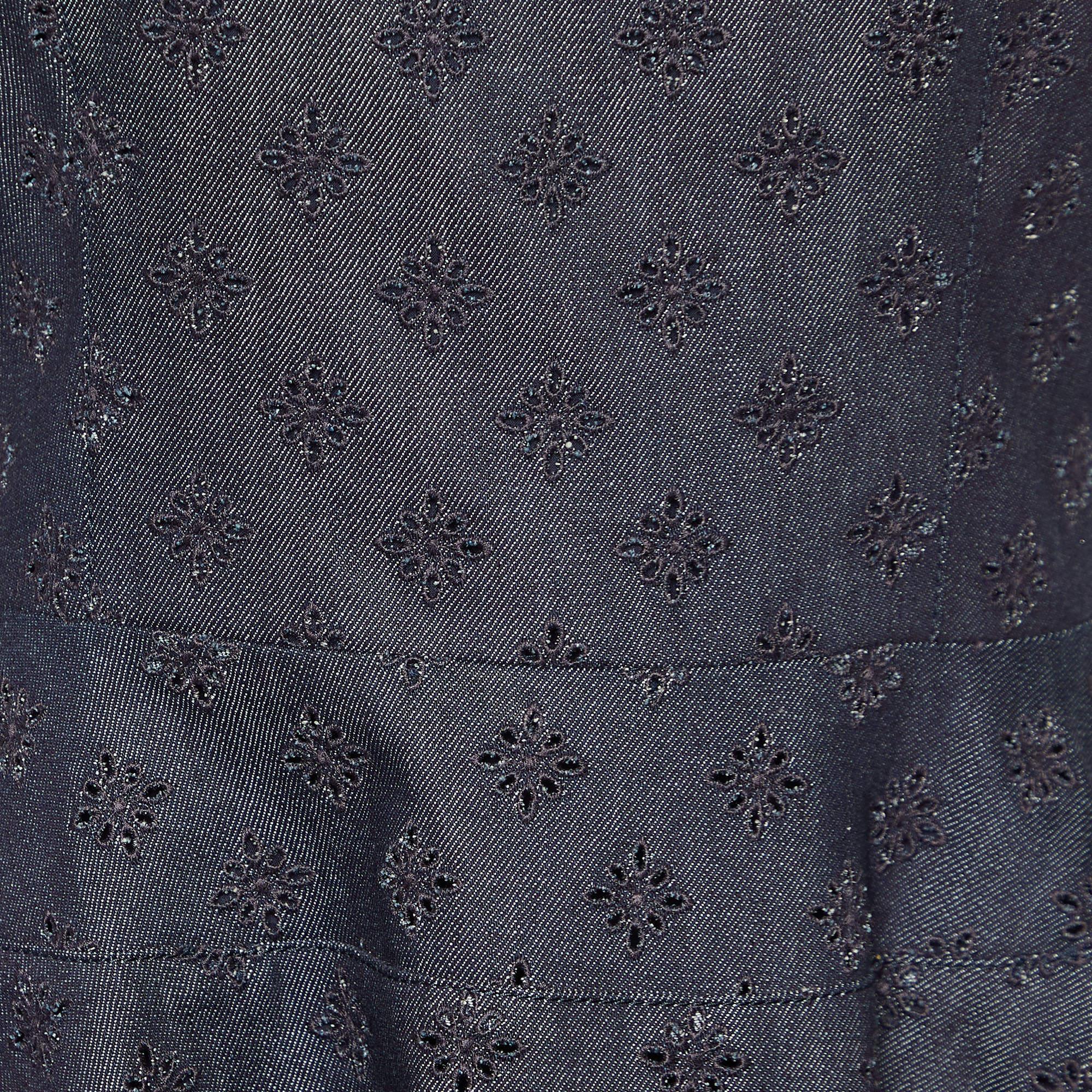 Dior Dark Blue Embroidered Denim Flared Dress L In Good Condition In Dubai, Al Qouz 2