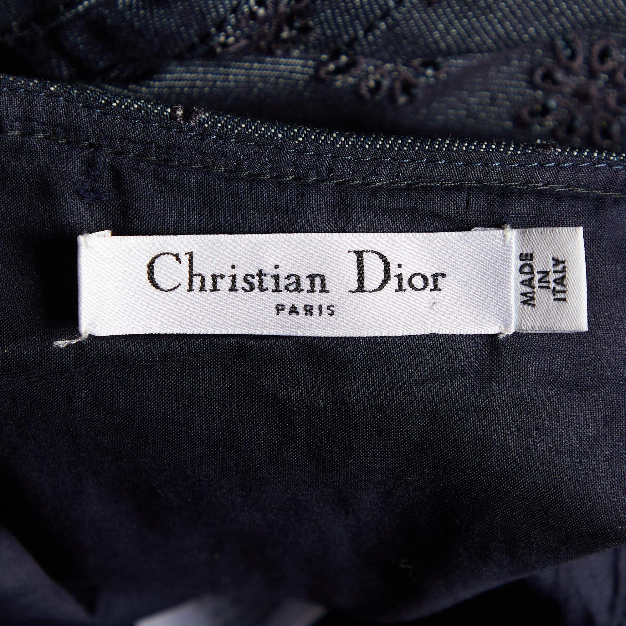 Dior Dark Blue Robe évasée en denim brodé L Pour femmes en vente