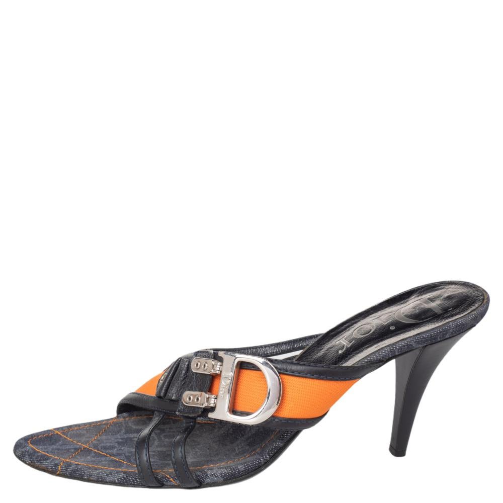 Black Dior Dark Blue Leather And Trotter Fabric Trim Buckle Detail Cross Strap Sandals