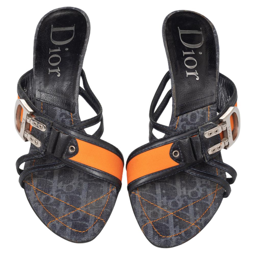 Women's Dior Dark Blue Leather And Trotter Fabric Trim Buckle Detail Cross Strap Sandals
