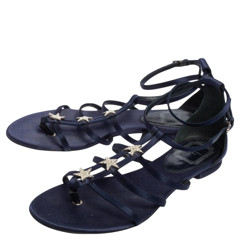 Black Dior Dark Blue Satin Star Embellished Strappy Flat Sandals Size 38