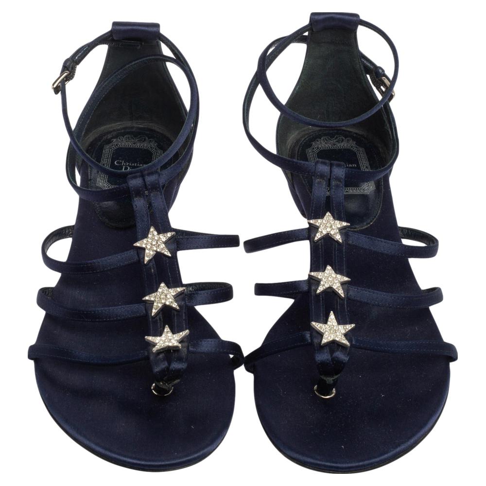 Dior Dark Blue Satin Star Embellished Strappy Flat Sandals Size 38 In Good Condition In Dubai, Al Qouz 2