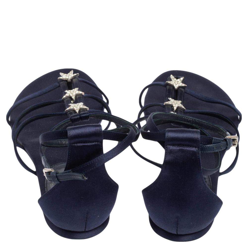 Dior Dark Blue Satin Star Embellished Strappy Flat Sandals Size 38 1