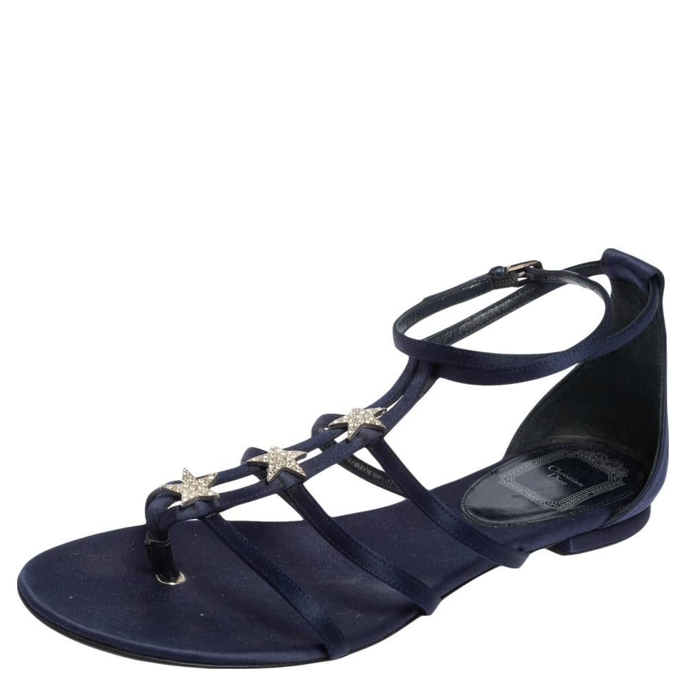 Dior Dark Blue Satin Star Embellished Strappy Flat Sandals Size 38 2