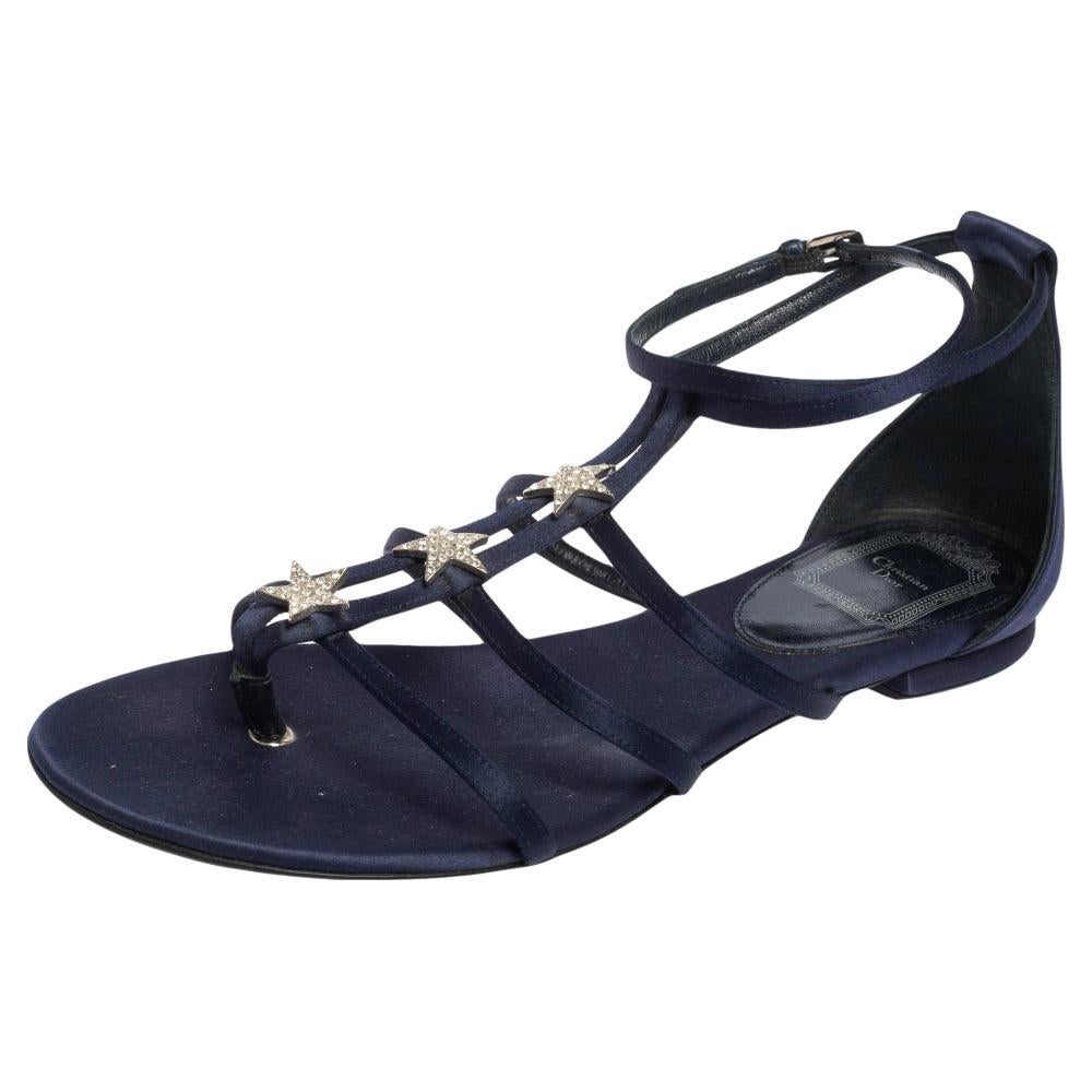 Dior Dark Blue Satin Star Embellished Strappy Flat Sandals Size 38