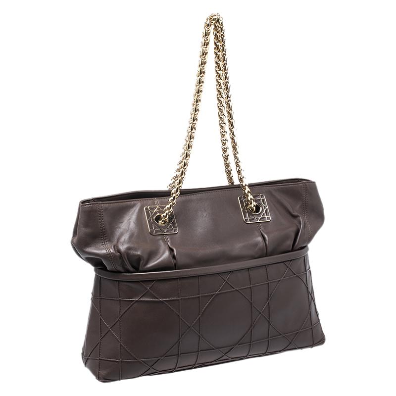 Dior Dark Brown Cannage Leather Granville Chain Link Tote at 1stDibs
