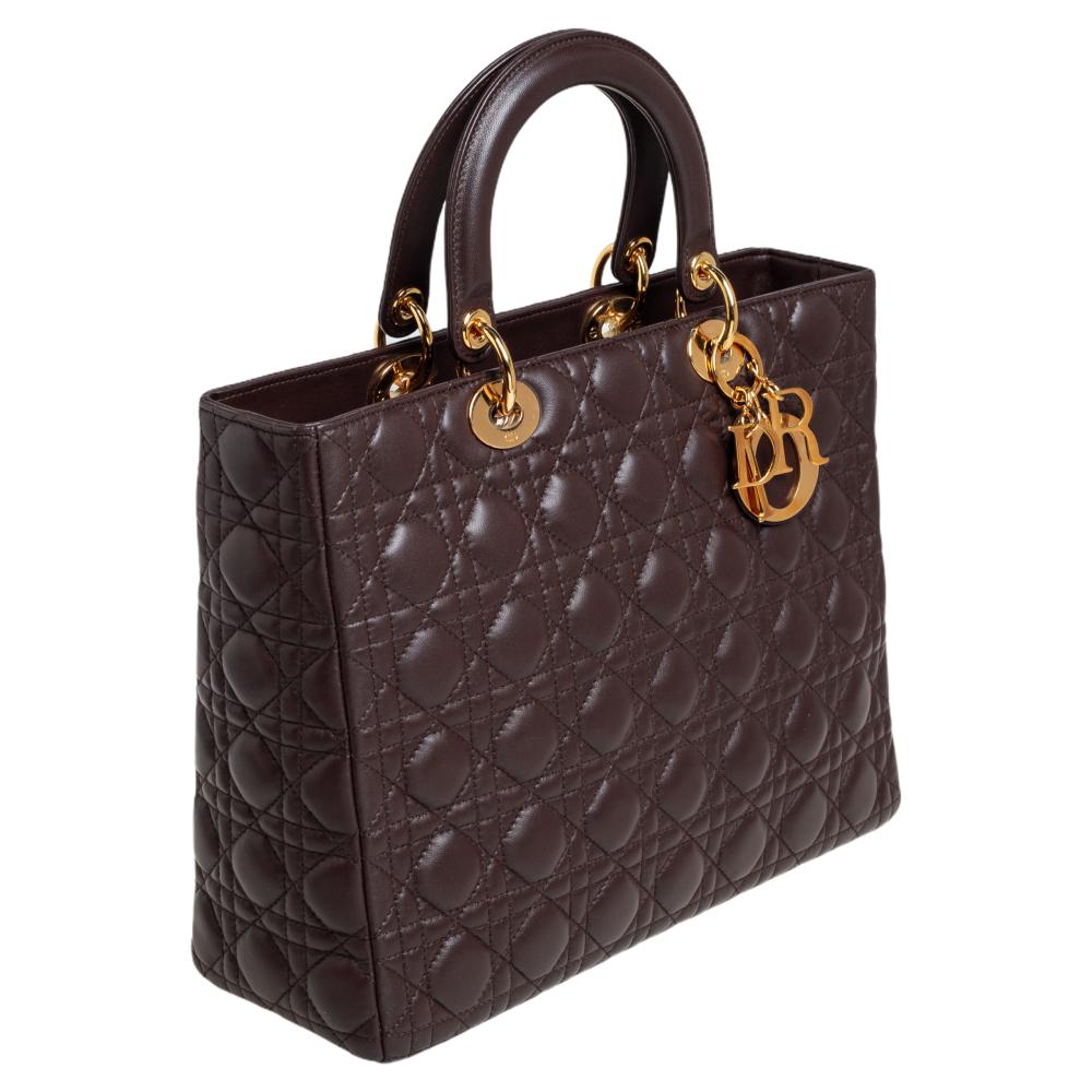 Dior Dark Brown Cannage Leather Large Lady Dior Tote In Excellent Condition In Dubai, Al Qouz 2