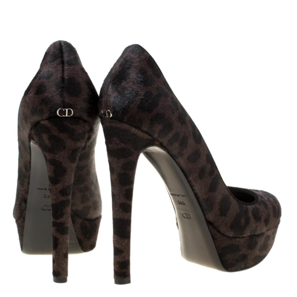 Black Dior Dark Brown Leopard Print Calf Hair Platform Pumps Size 38.5