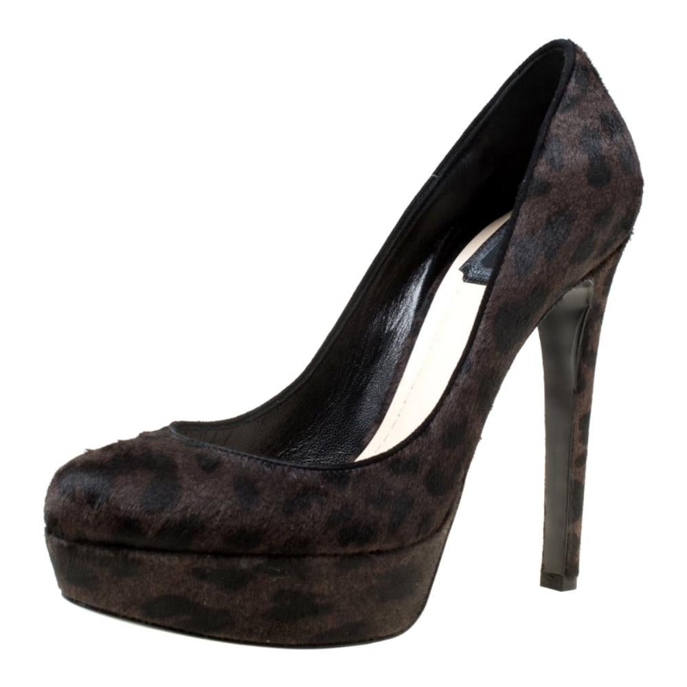 Dior Dark Brown Leopard Print Calf Hair Platform Pumps Size 38.5