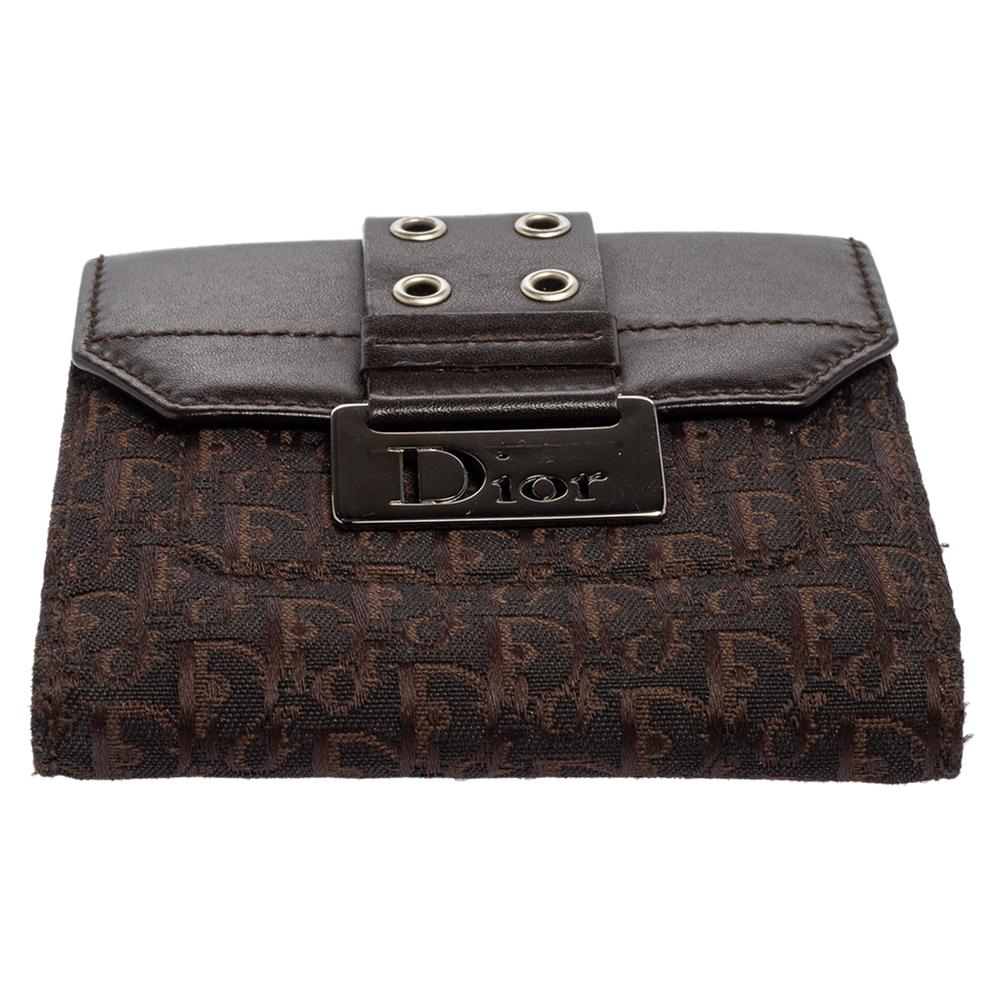 Dior Dark Brown Oblique Canvas and Leather Street Chic Compact Wallet In Good Condition In Dubai, Al Qouz 2
