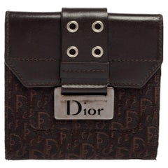 Dior - Portefeuille compact en toile Oblique marron foncé et cuir Street Chic