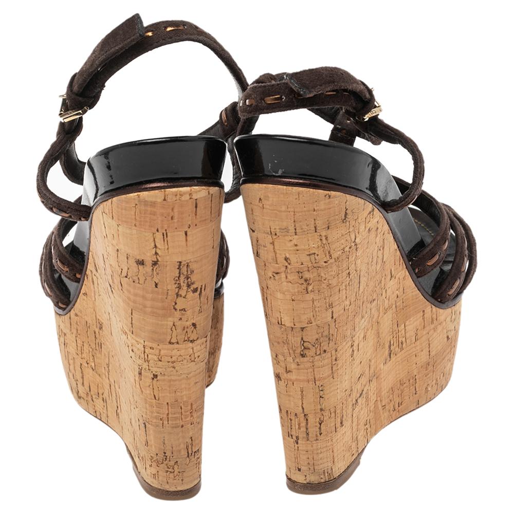 Sandalias de cuña Dior Antica de ante y charol marrón oscuro talla 37.5 2