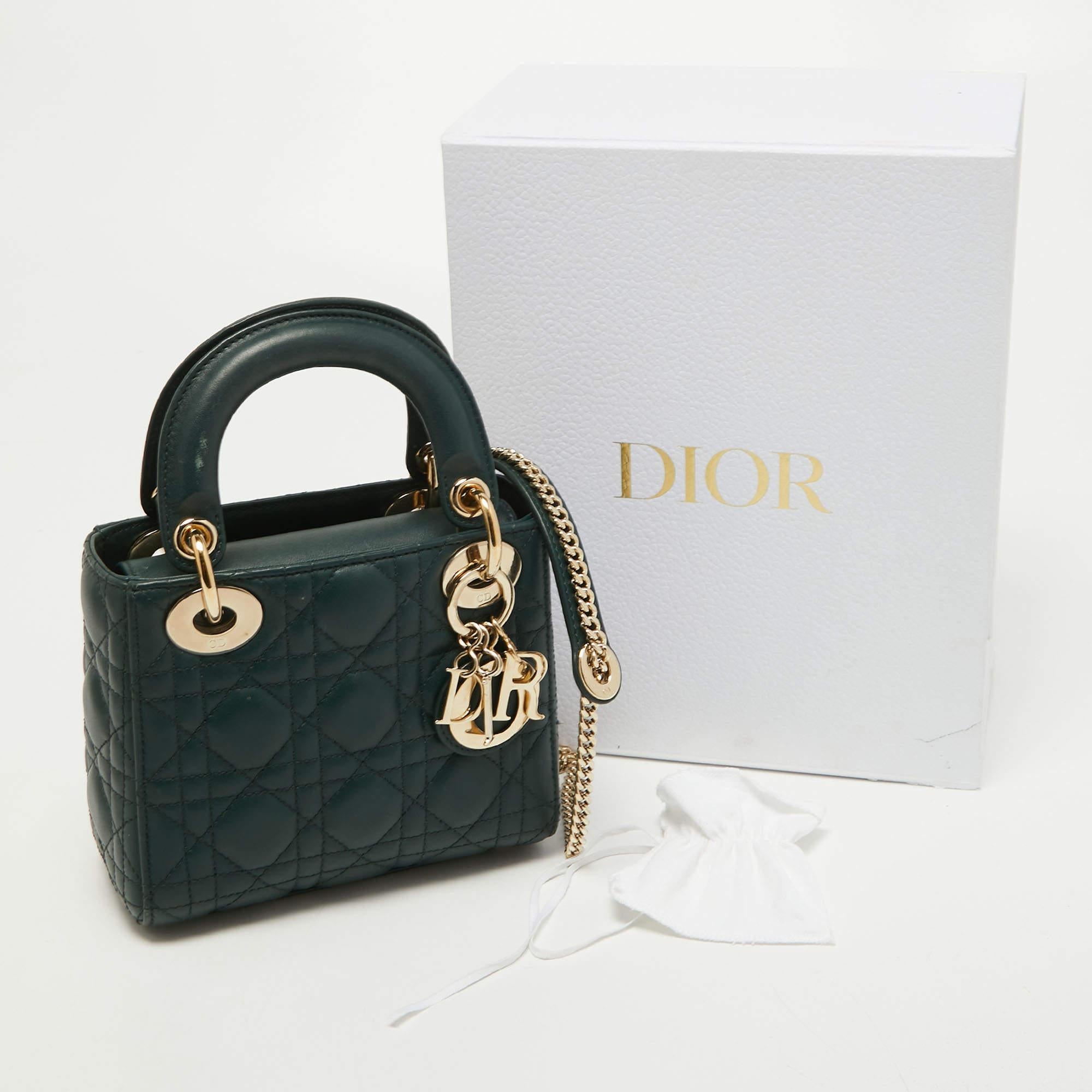 Dior Dark Green Cannage Quilted Leather Mini Lady Dior Bag 10