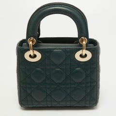 Dior Dark Green Cannage Quilted Leather Mini Lady Dior Bag