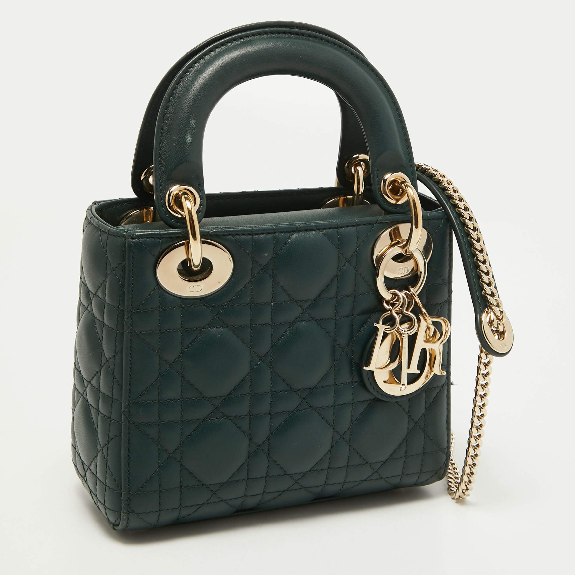 Dior Dark Green Cannage Quilted Leather Mini Lady Dior Bag In Good Condition In Dubai, Al Qouz 2