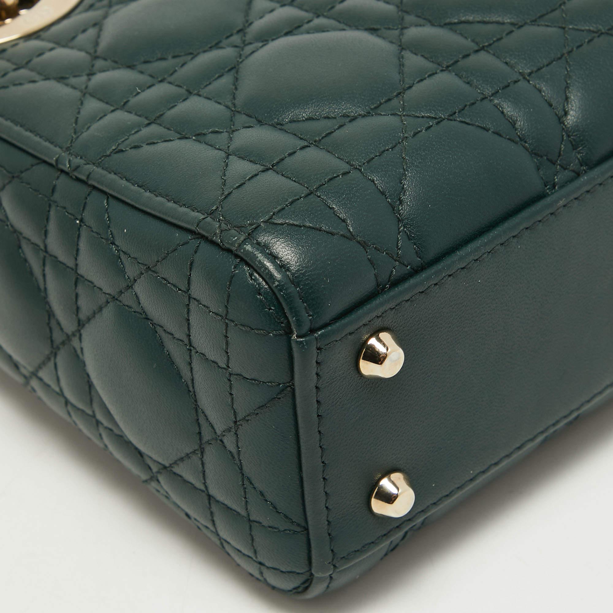 Dior Dark Green Cannage Quilted Leather Mini Lady Dior Bag 2