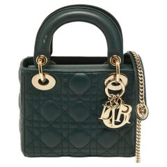 Used Dior Dark Green Cannage Quilted Leather Mini Lady Dior Bag