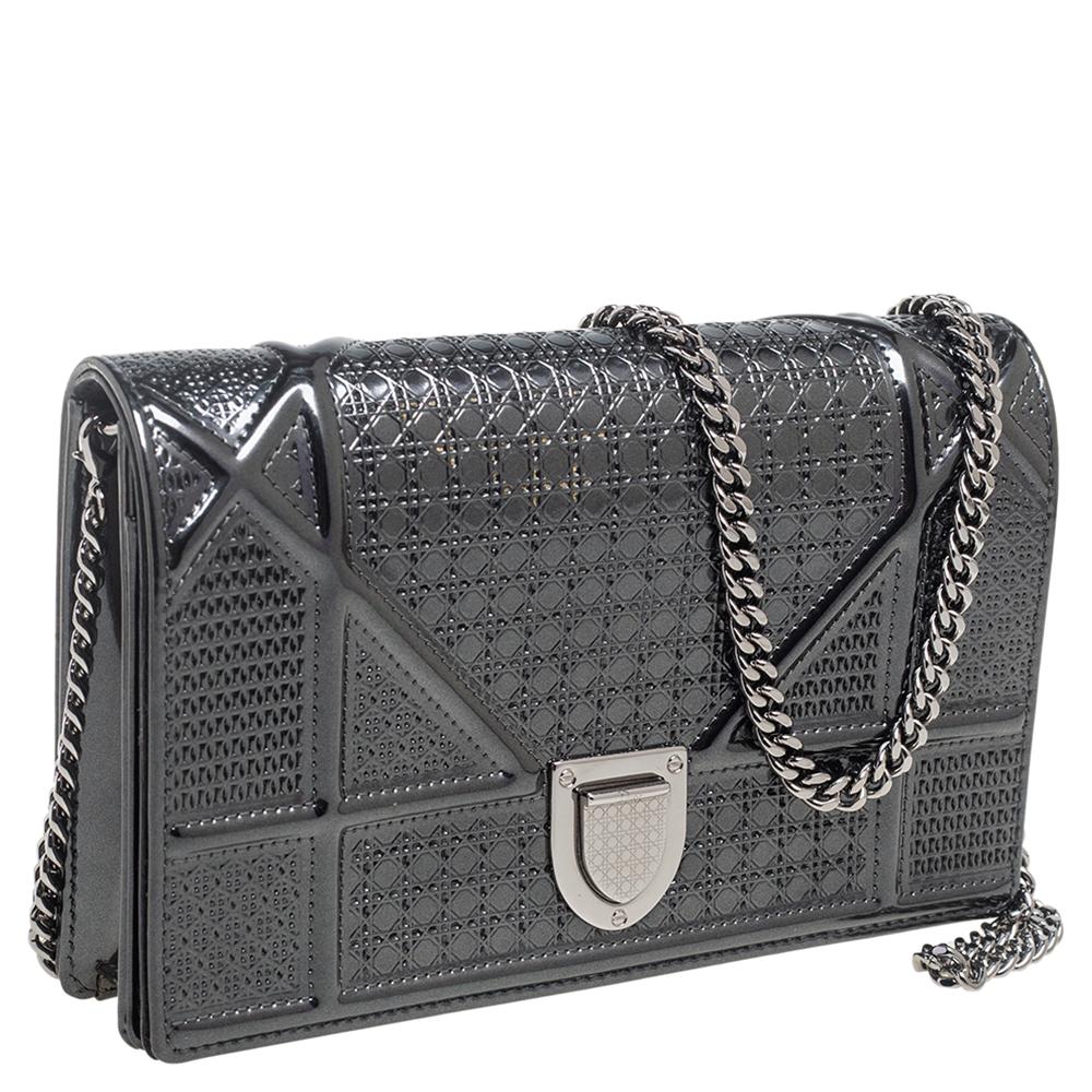 Dior Dark Grey Cannage Glossy Leather Diorama Wallet on Chain 2