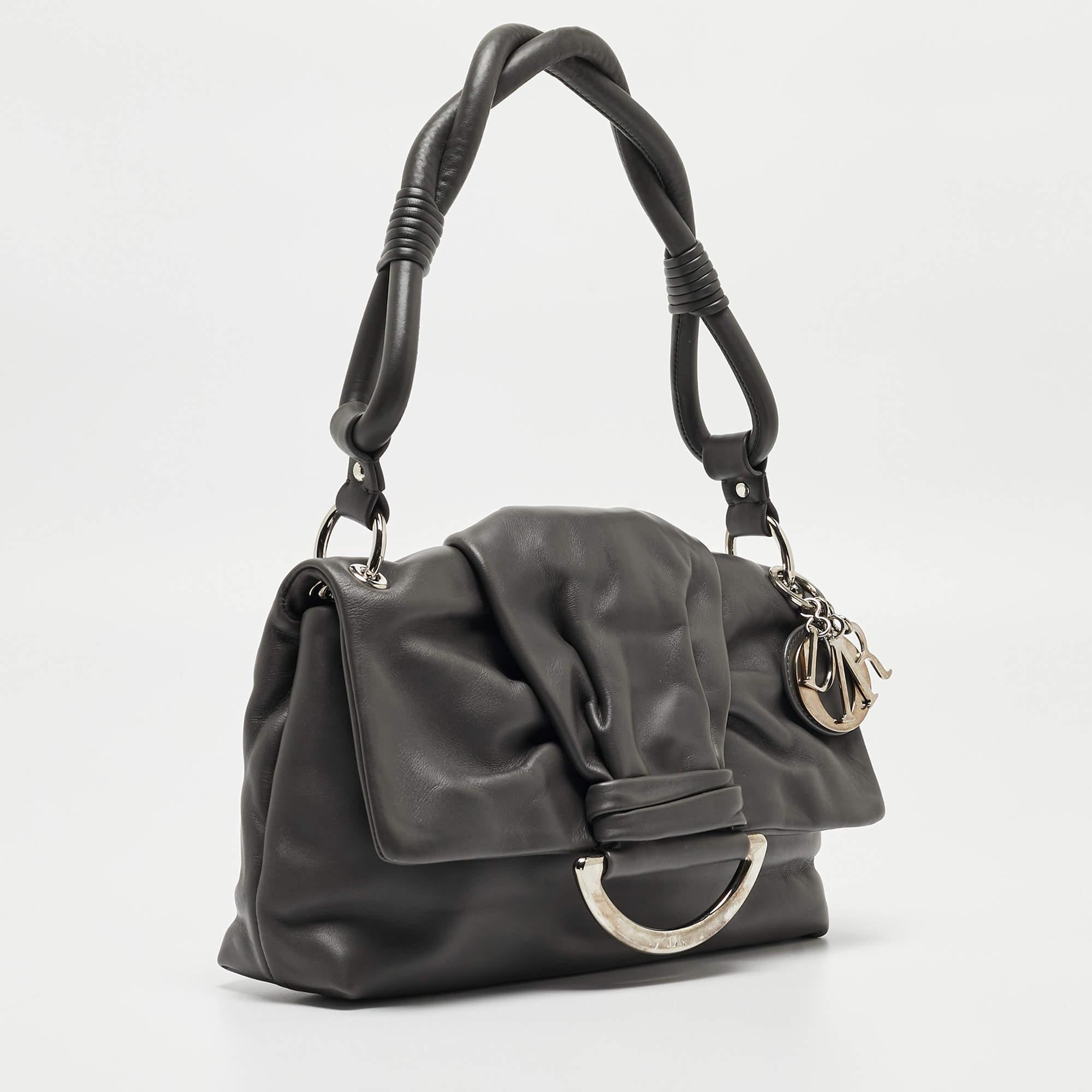 Dior Dark Grey Leather Small Demi Lune Flap Bag In Excellent Condition For Sale In Dubai, Al Qouz 2
