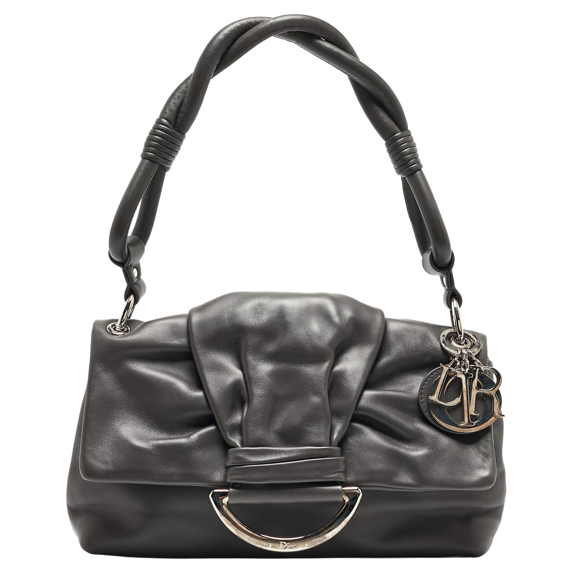 Dior Dark Grey Leather Small Demi Lune Flap Bag For Sale