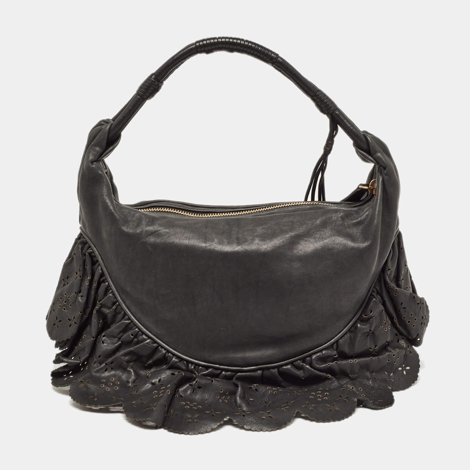 Dior Dark Grey Leather Small Gypsy Ruffle Hobo For Sale at 1stDibs