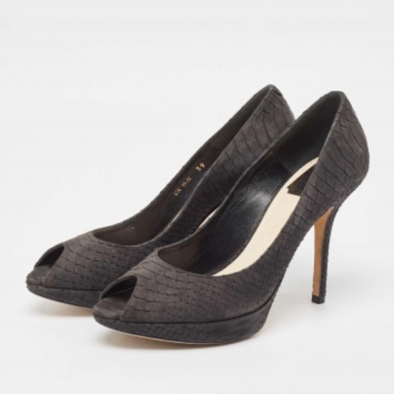 Dior Dunkel Grau Python Geprägtes Leder Miss Dior Peep Toe Pumps Größe 39 (Schwarz) im Angebot