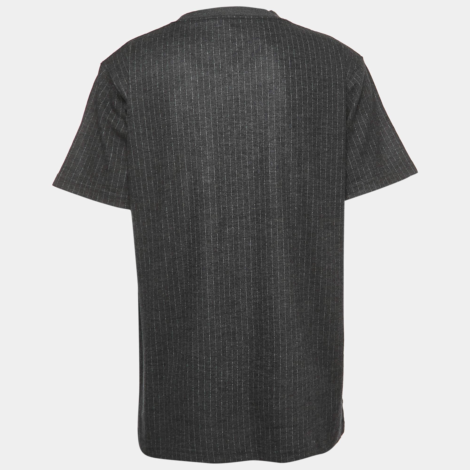 Men's Dior Dark Grey Striped Embroidered Wool Crew Neck T-Shirt XL
