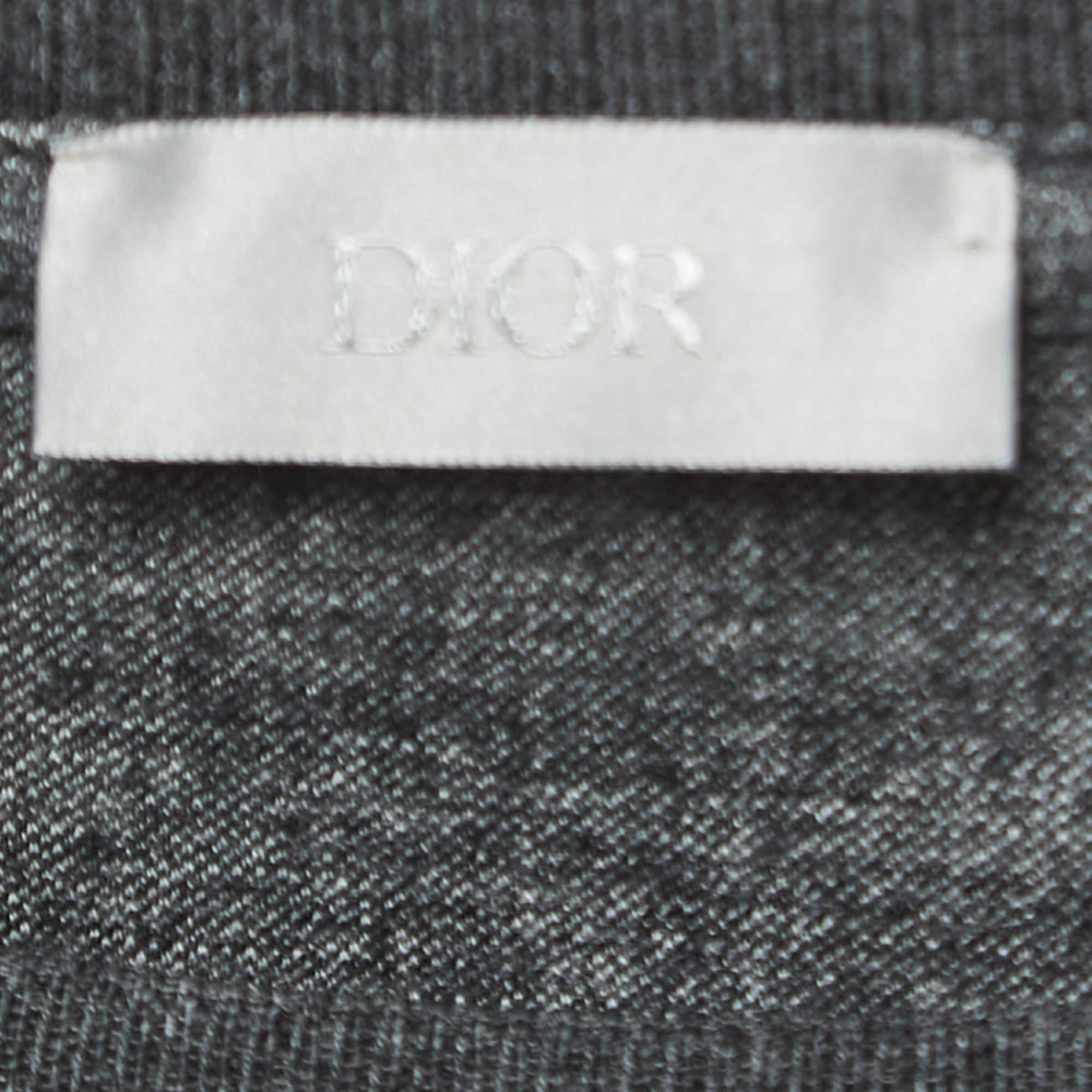 Dior Dark Grey Striped Embroidered Wool Crew Neck T-Shirt XL 1