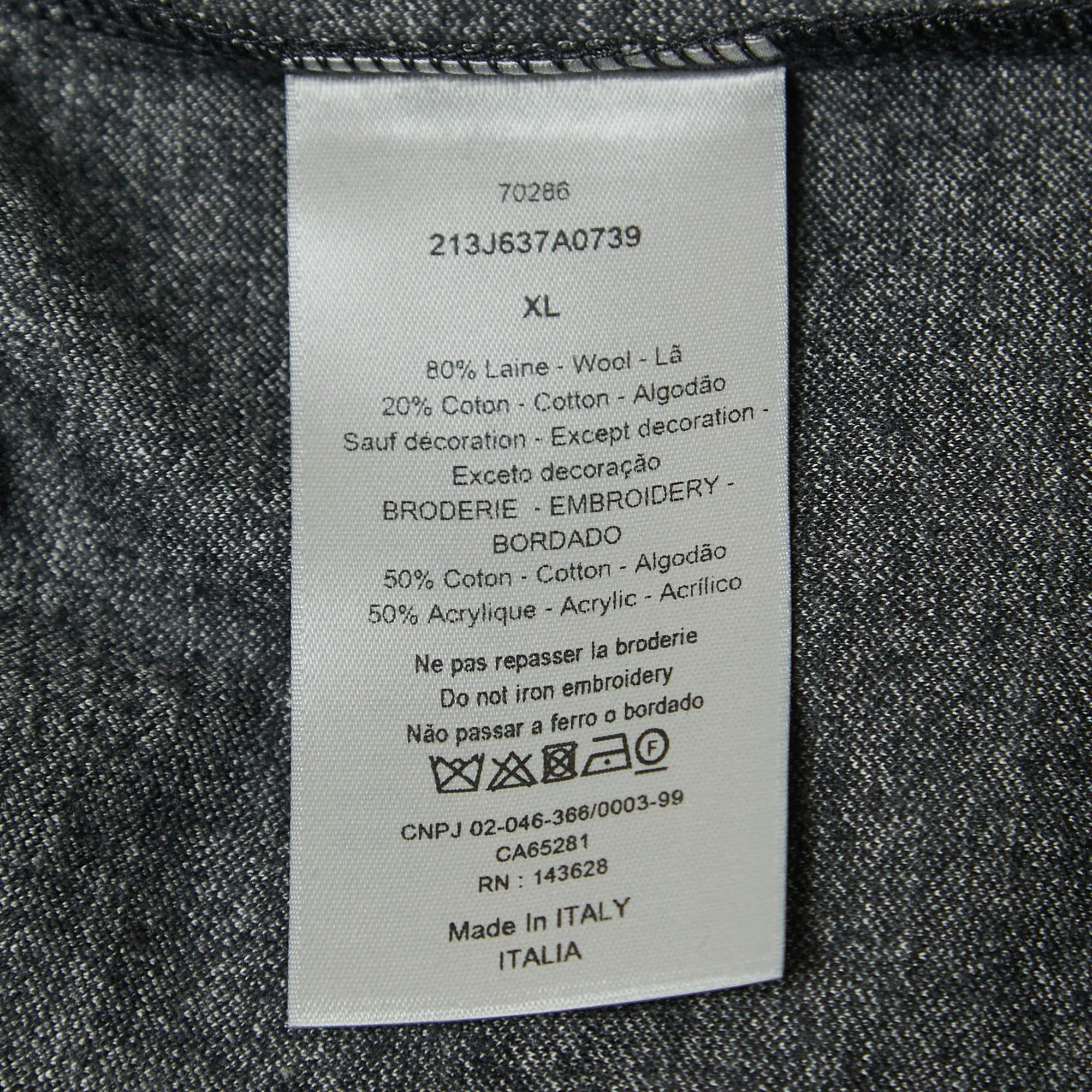 Dior Dark Grey Striped Embroidered Wool Crew Neck T-Shirt XL 2