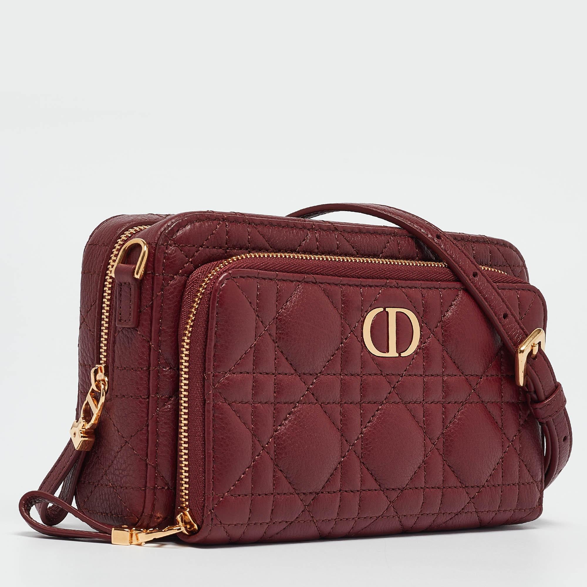 Dior Dark Red Cannage Leather Caro Double Pouch Bag In Good Condition In Dubai, Al Qouz 2