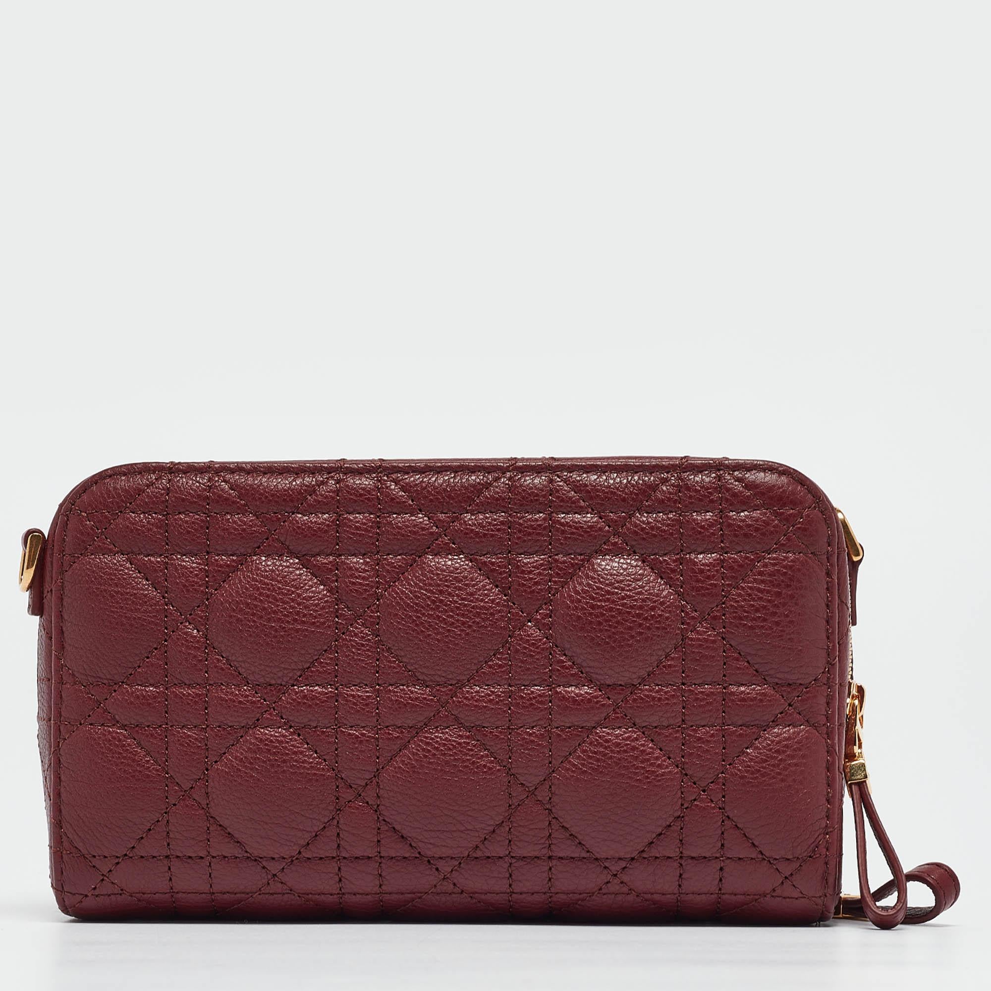 Women's Dior Dark Red Cannage Leather Caro Double Pouch Bag