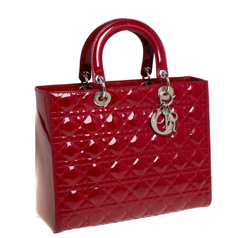 Dior Dunkelrot Cannage Lackleder Große Lady Dior Tote (Rot)