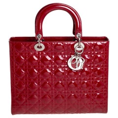 Dior Dark Red Cannage Patent Leather Large Lady Dior Tote