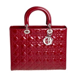 Dior Dark Red Cannage Patent Leather Large Lady Dior Tote