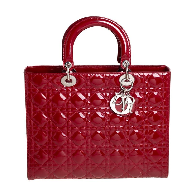 Dior Dark Red Cannage Patent Leather Large Lady Dior Tote at 1stDibs