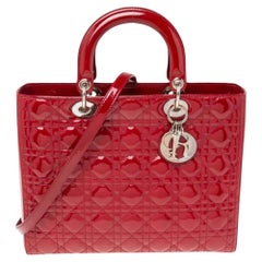 Dior Dark Red Cannage Patent Leather Large Lady Dior Tote